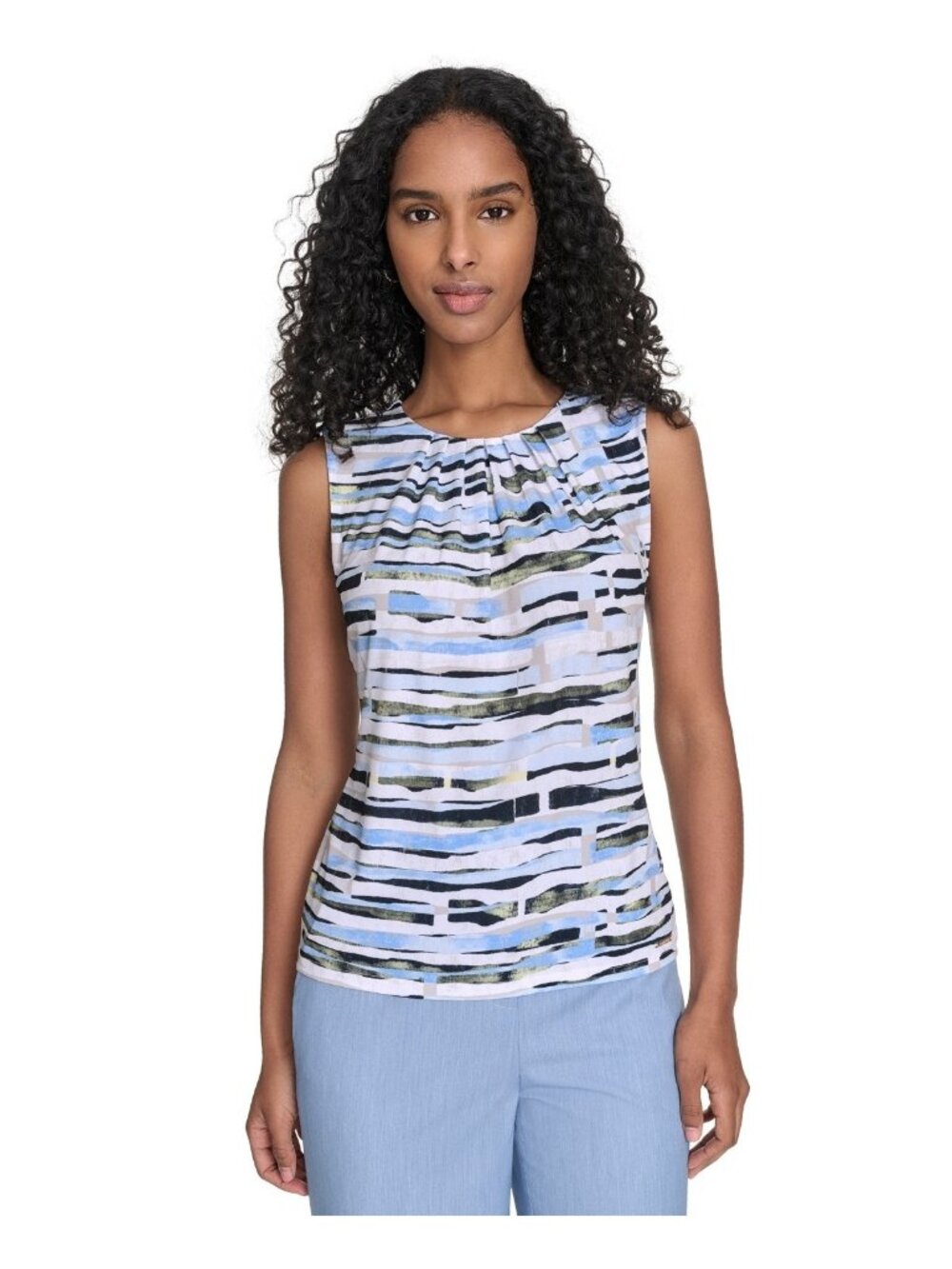 Calvin Klein Women's Printed Pleated-Neck Sleeveless Top Blue White Size L $49